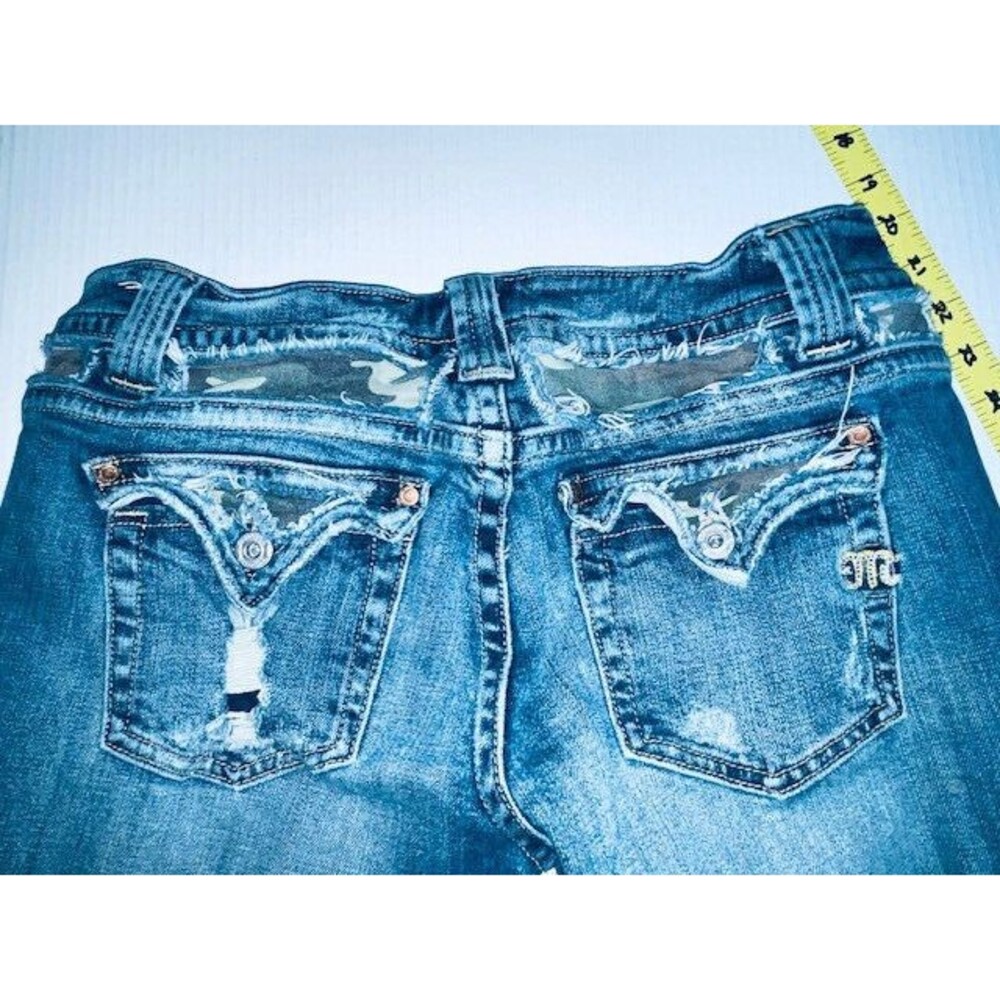 Miss Me Jeans Women's Sz 31 Blue Camo Denim Boot Cut Embellished Distressed Flap